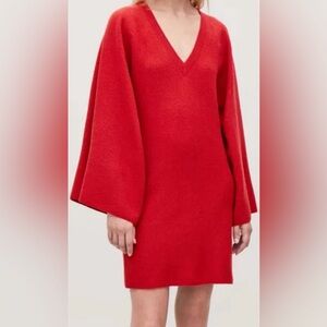 COS 100% Wool Knit, V Neck, Cape Sleeved Red Mini Dress size XS
